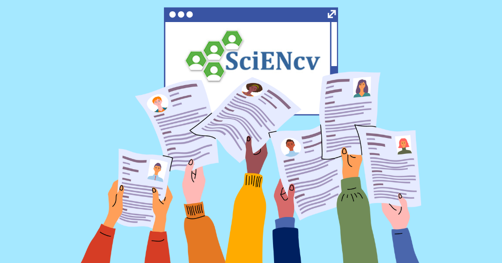 Intro to Creating Biosketches in SciENcv illustration of hands lifting their CVs up to a computer screen with the ScienCV logo on it